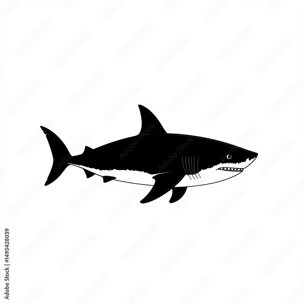 Fototapeta premium Black and white shark silhouette, ocean predator, side view, graphic design element, stock photo