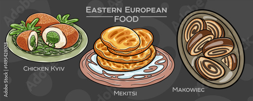 Popular Eastern European Traditional Food Set. Hand-drawn vector illustration on a dark background