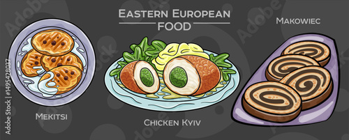 Popular Eastern European Traditional Food Set. Hand-drawn vector illustration on a dark background
