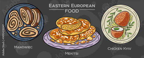 Popular Eastern European Traditional Food Set. Hand-drawn vector illustration on a dark background