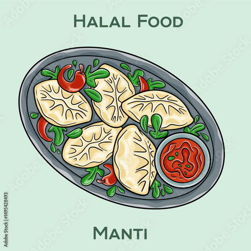 Manti. Halal manty: traditional Central Asian dumplings filled with spiced halal meat, steamed to perfection.