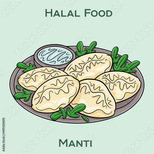Manti. Halal manty: traditional Central Asian dumplings filled with spiced halal meat, steamed to perfection.