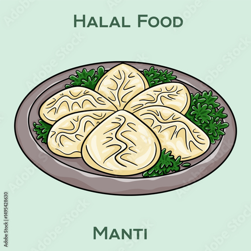 Manti. Halal manty: traditional Central Asian dumplings filled with spiced halal meat, steamed to perfection.