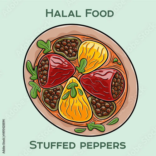 Stuffed peppers Halal are bell peppers filled with a savory mixture of halal meat, rice, and spices, baked to perfection.
