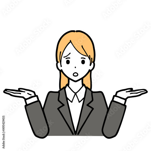 Illustration of a young woman in a suit shrugging her shoulders
