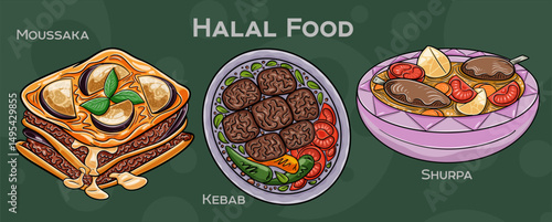 Popular Halal Cuisine Set. Hand-drawn vector illustration on a dark background.