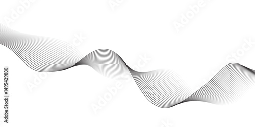 Create a minimalist abstract background featuring a smooth,monochrome wave pattern with fine gradient lines flowing across a white backdrop. The wave should appear elegant and dynamic, evoking a sense