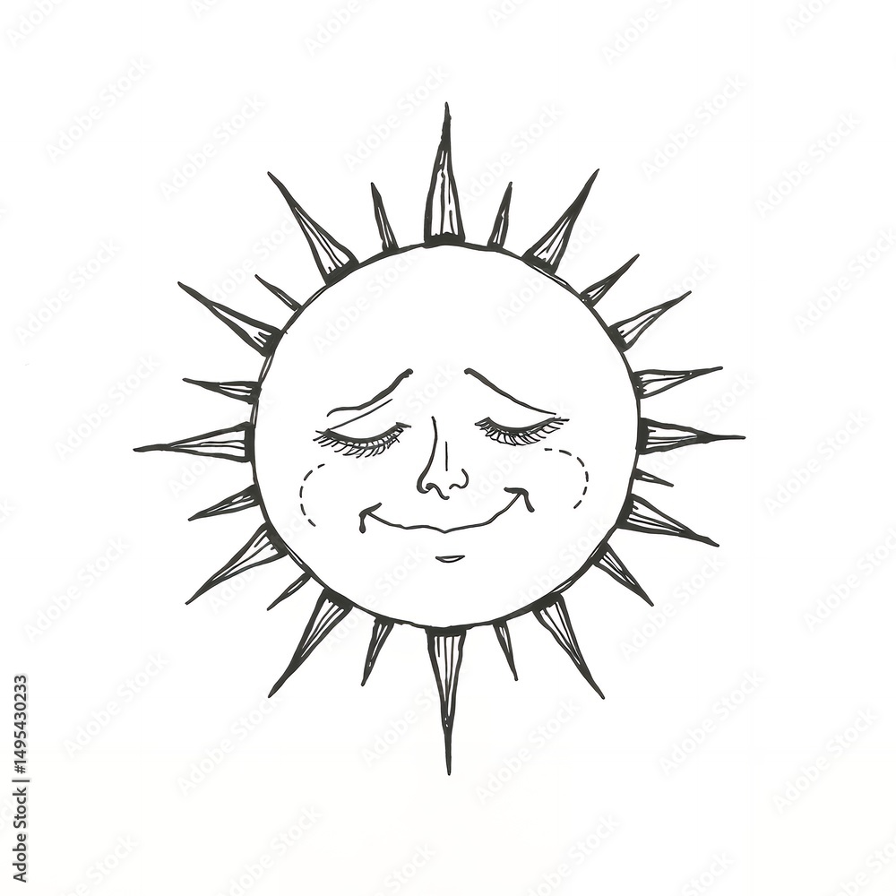 Happy Smiling Sun Face Illustration Line Art Drawing Graphic Design Element Happy Smiling Sun Face Illustration Line Art Drawing Graphic Design Element