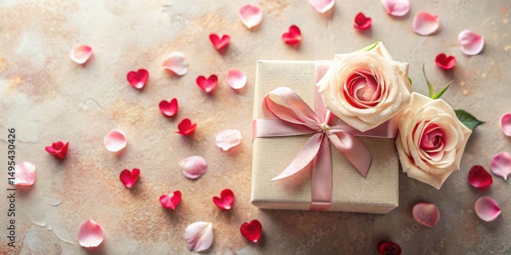 A thoughtfully presented gift, adorned with a delicate pink ribbon, rests amidst a scattering of rose petals shaped as hearts, creating a romantic and heartwarming scene. A thoughtfully presented gift, adorned with a delicate pink ribbon, rests amidst a scattering of rose petals shaped as hearts, creating a romantic and heartwarming scene.