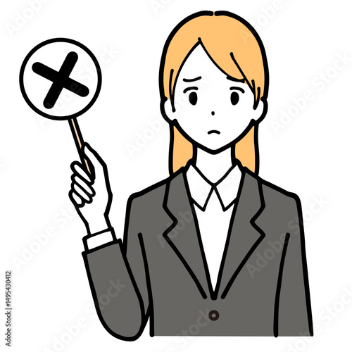 ペケの札を持つスーツ姿の若い女性のイラスト