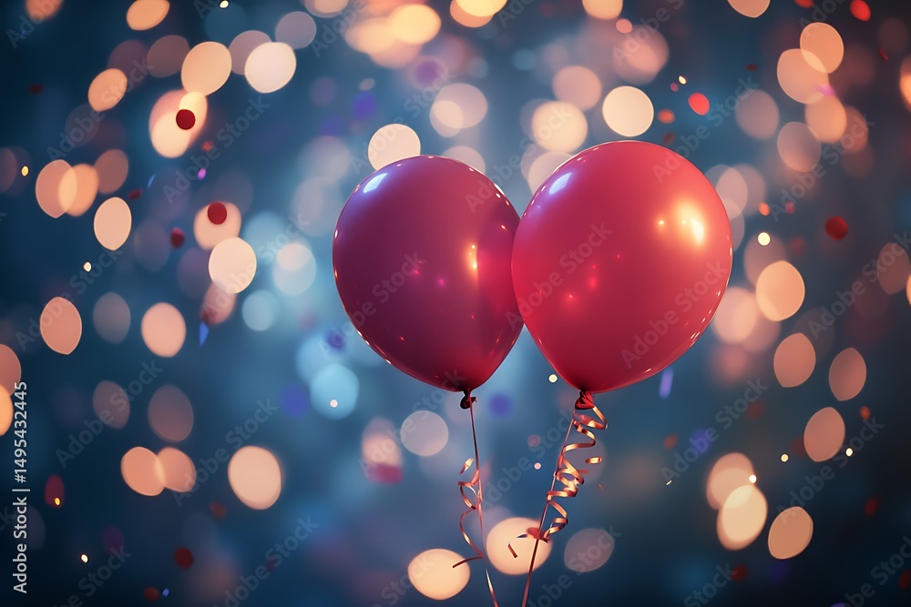 Two pink balloons floating against a bokeh background with confetti and ribbon streamers falling down Two pink balloons floating against a bokeh background with confetti and ribbon streamers falling down