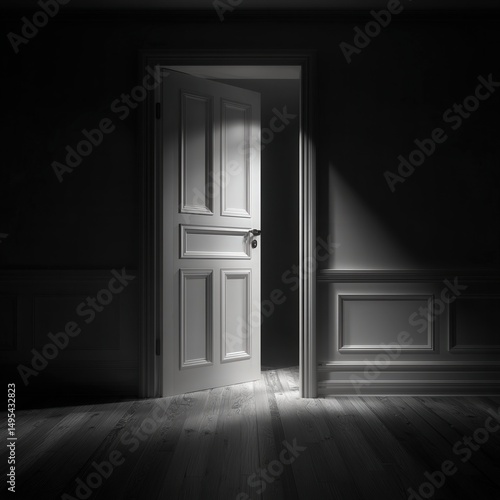 dark room with closet door slightly open, night fear element, 3D realistic render, cool grayscale,