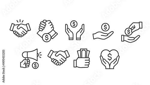 Business & Promotion Icon Set – Thin line vector illustrations representing advertising, sponsorship, partnership, e-commerce, funding, and digital outreach. Great for marketing tools, apps, and corpo