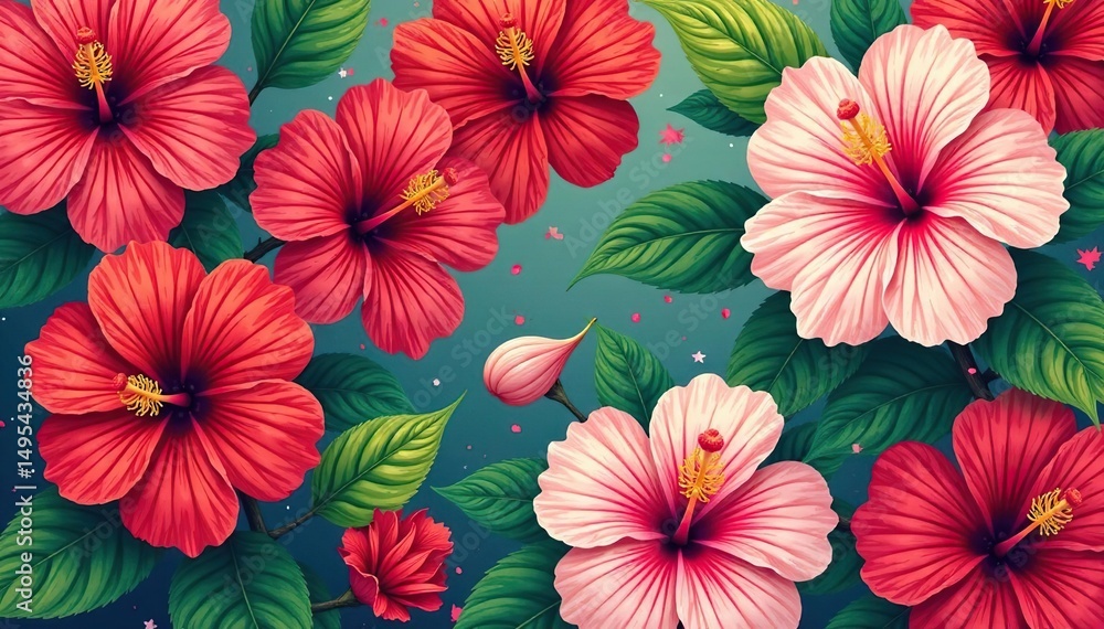 Bold hibiscus print, bold colors, repeating design , beauty, pink Bold hibiscus print, bold colors, repeating design , beauty, pink