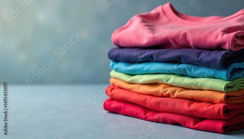 Stack of various color t-shirt blanks, neatly folded, polyester, vibrant