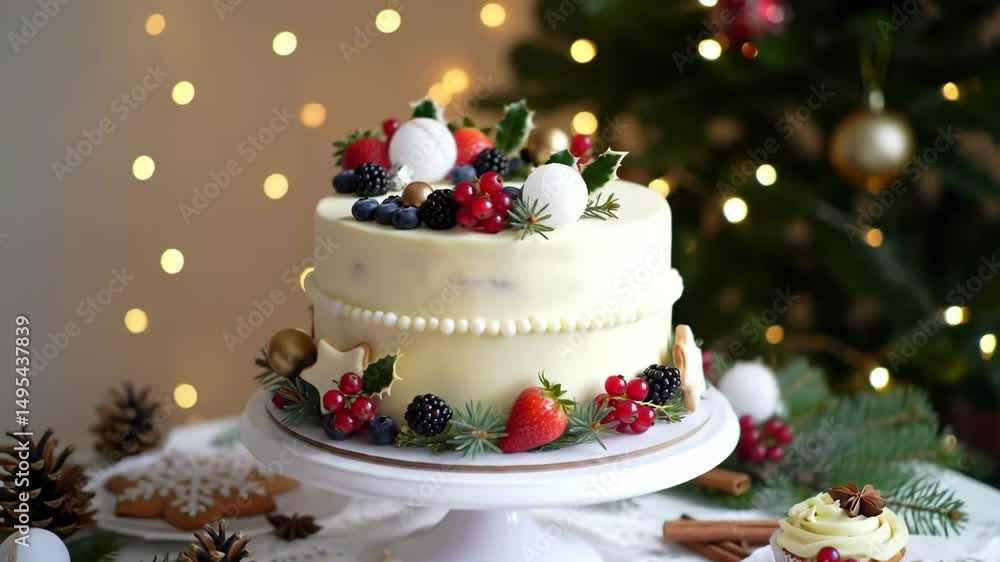 Festive cake adorned with berries and greenery near a sparkling Christmas tree Festive cake adorned with berries and greenery near a sparkling Christmas tree