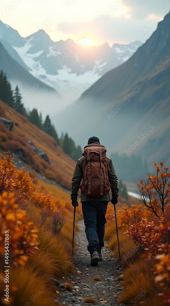 Journey of Exploration: An individual strides purposefully along a rugged path through a majestic mountain range, carrying a backpack, embarking on an adventure amidst breathtaking natural beauty. Journey of Exploration: An individual strides purposefully along a rugged path through a majestic mountain range, carrying a backpack, embarking on an adventure amidst breathtaking natural beauty.