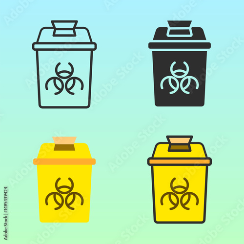 Medical biohazard waste bins in yellow and black, flat icon style. Perfect for hospital safety, waste disposal education, or health campaigns requiring sanitation visuals.