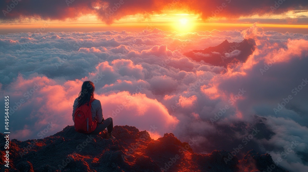 Obraz premium Woman sits on mountaintop, sunrise over clouds
