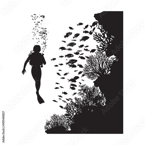 A person snorkeling near coral with fish black silhouette