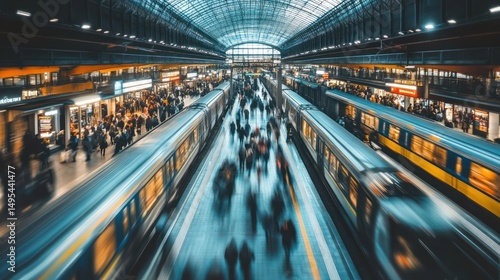 Rush hour at a bustling railway station with blurred motion showcasing urban life