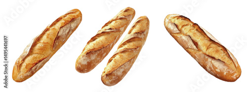 Freshly baked golden baguettes arranged in a line with visible texture and crust on a white background