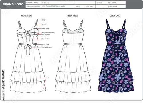 Ladies top dress tech pack design with color cad