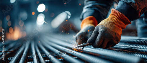 Worker tightening rustproof caps on rebar ends with sparks flying