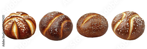 Assorted freshly baked sourdough with golden brown crust and sesame seeds on a white background