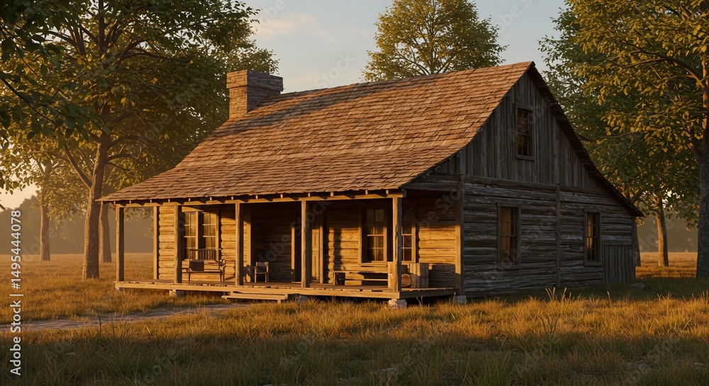 Obraz premium Rustic log cabin nestled within a grassy field on a sunny day outdoors