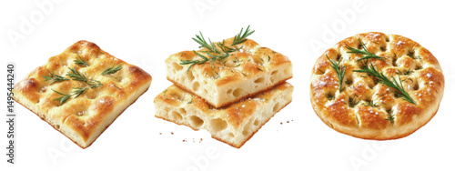 Freshly baked focaccia bread varieties featuring rosemary on a white background, showcasing different shapes and textures