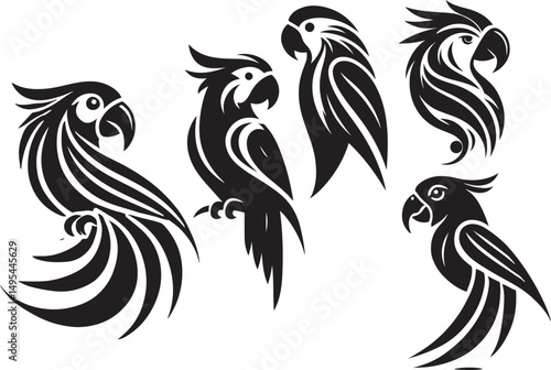 Five stylized black parrot silhouettes tribal design