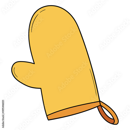Hand drawn cartoon yellow kitchen mitten on white background.