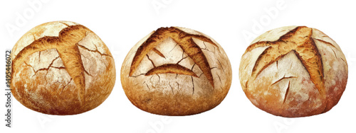 Three rustic artisanal Sourdough bread loaves with distinctive scoring designs, showcasing texture and color variations on a white background