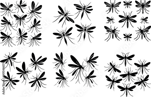 Mosquito silhouettes various sizes and positions black and white