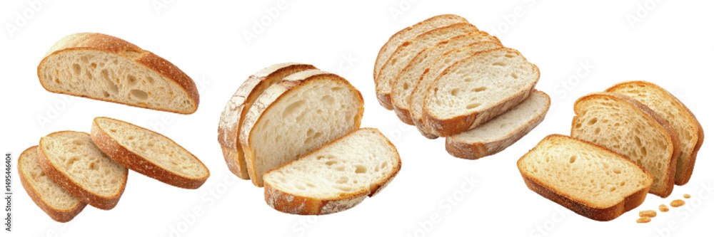 Sliced white bread displayed with whole and individual slices, showcasing texture and freshness on a white background Sliced white bread displayed with whole and individual slices, showcasing texture and freshness on a white background