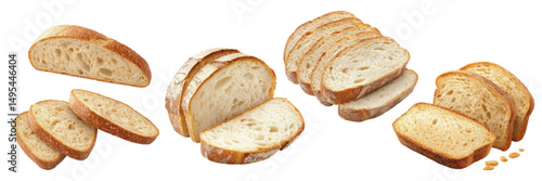 Sliced white bread displayed with whole and individual slices, showcasing texture and freshness on a white background