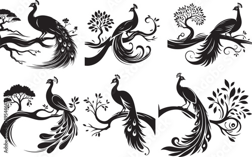 Elegant black peacocks perched on ornate branches