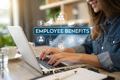 A woman uses a laptop at a desk to explore employee benefits and find the best plan for her needs at work.