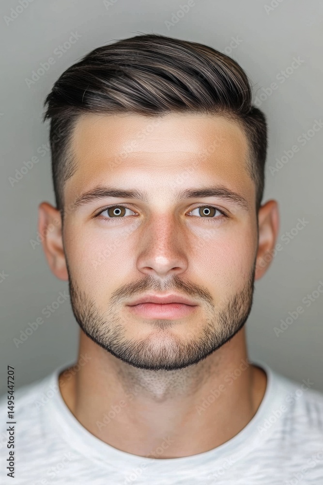 Fototapeta premium Portrait of a young man with a modern hairstyle and a neutral expression against a simple background