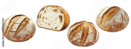 Freshly baked artisan sourdough bread with a crusty exterior, featuring sliced and whole views displayed on a white background
