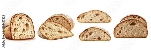 Slices of fresh artisan bread displayed on a white background, showcasing crusty exterior and soft, airy interior