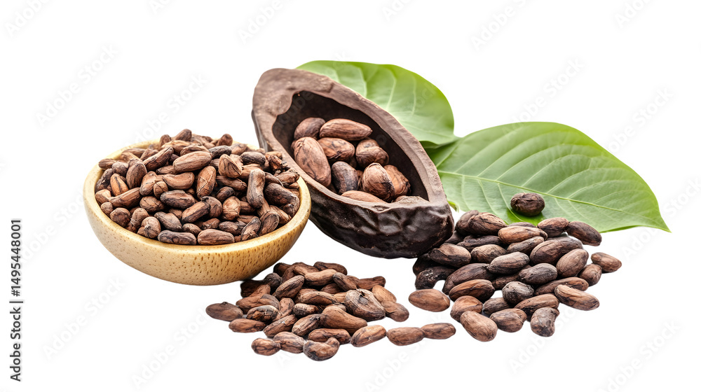 Fototapeta premium Cacao Beans and Bodhi Leaves Capital Isolated on Transparent Background
