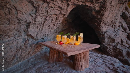 Wallpaper Mural Wooden table in mediterranean cave displaying four aperol spritz cocktails garnished with orange, rosemary, and pomegranate against scenic seaside sunset backdrop Torontodigital.ca