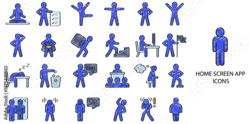 Home Screen App simple concept 24 hand drawn color icons set. Contains such message, call, social media .Vector illustration.