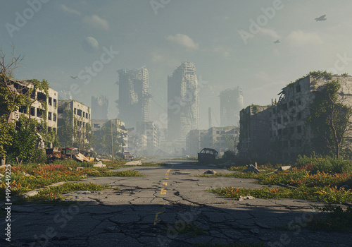 Post-Apocalyptic City with Cracked Road and Ruined Skyscrapers – Atmospheric illustration of urban decay, overgrown ruins, and abandoned vehicles under a cloudy sky.

