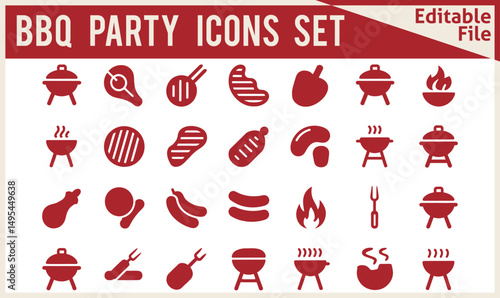  Modern BBQ Party Time Vector Icon Set Featuring Solid Style Symbols Including Barbecue Grill, Beef Steak, Grilled Chicken, and Sausage in Filled Pictogram Design