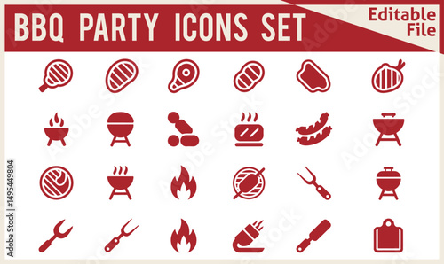  Modern BBQ Party Time Vector Icon Set Featuring Solid Style Symbols Including Barbecue Grill, Beef Steak, Grilled Chicken, and Sausage in Filled Pictogram Design