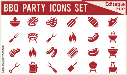  Modern BBQ Party Time Vector Icon Set Featuring Solid Style Symbols Including Barbecue Grill, Beef Steak, Grilled Chicken, and Sausage in Filled Pictogram Design