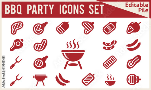  Modern BBQ Party Time Vector Icon Set Featuring Solid Style Symbols Including Barbecue Grill, Beef Steak, Grilled Chicken, and Sausage in Filled Pictogram Design